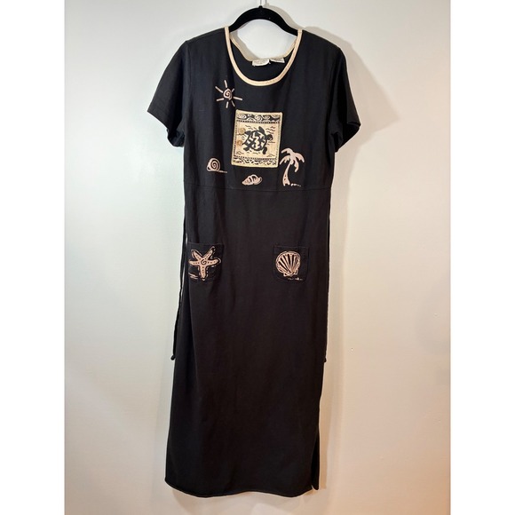 Bentley Maxi Shift Dress Beach Coastal Embroidered Pockets Cotton Black Casual-S - Picture 1 of 5